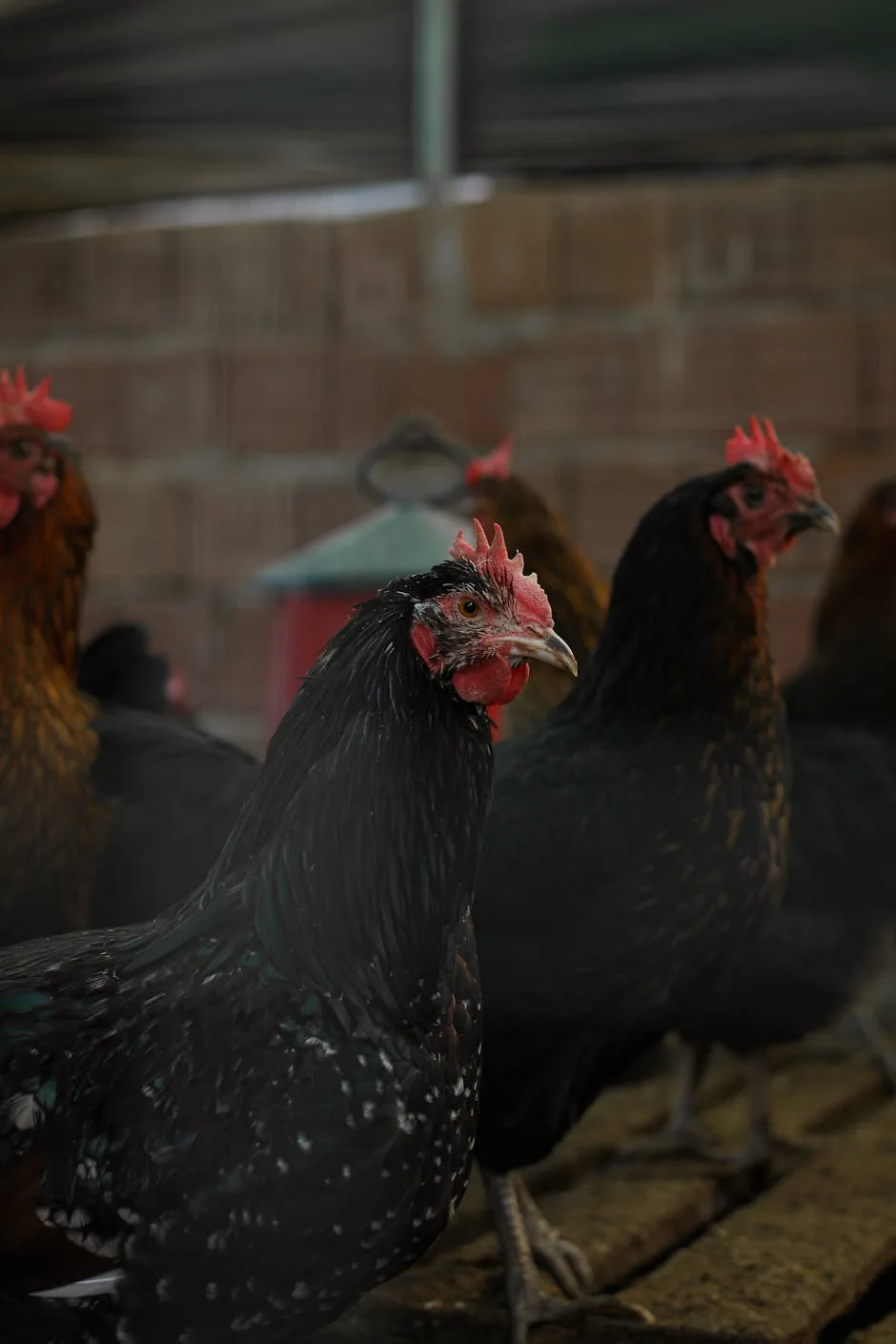Black chickens resting inside a clean coop