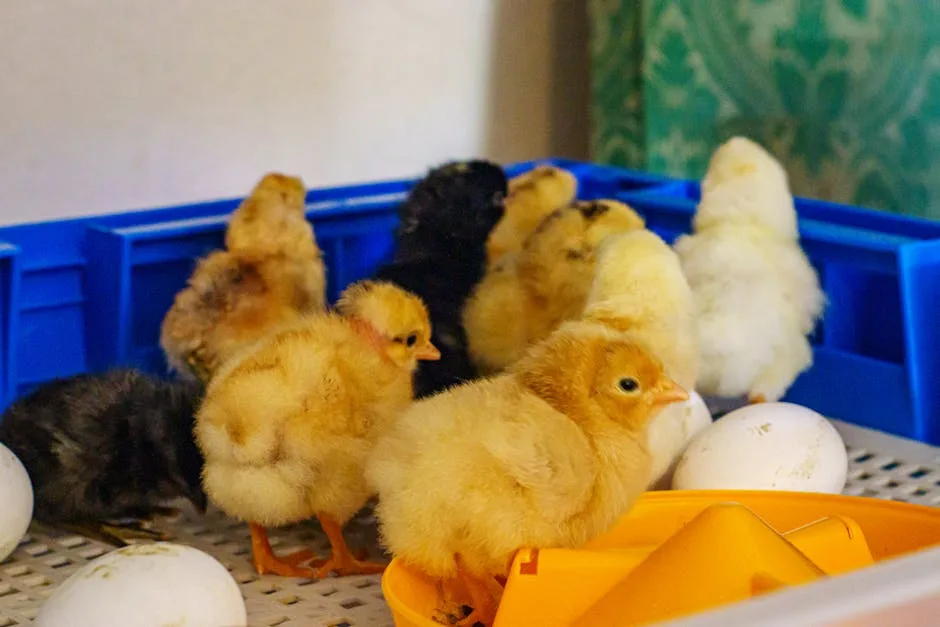 Adorable chicks and eggs in an incubator on hatch day