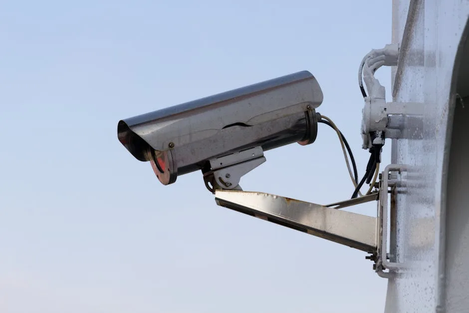 Close-up security camera mounted on a wall for chicken coop monitoring
