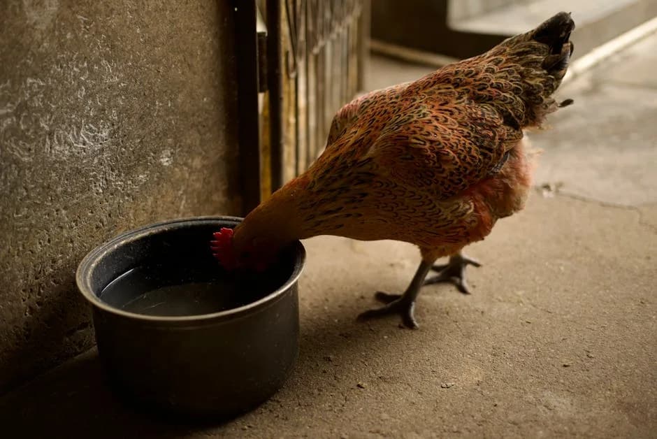 Chicken drinking fresh water from a bowl inside a backyard coop