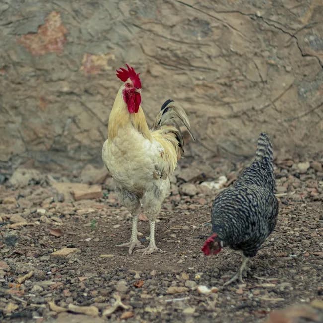 Hen scratching in dry dirt, a natural dust bathing behavior