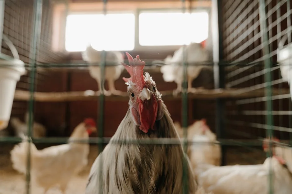 A rooster and chickens inside a coop together